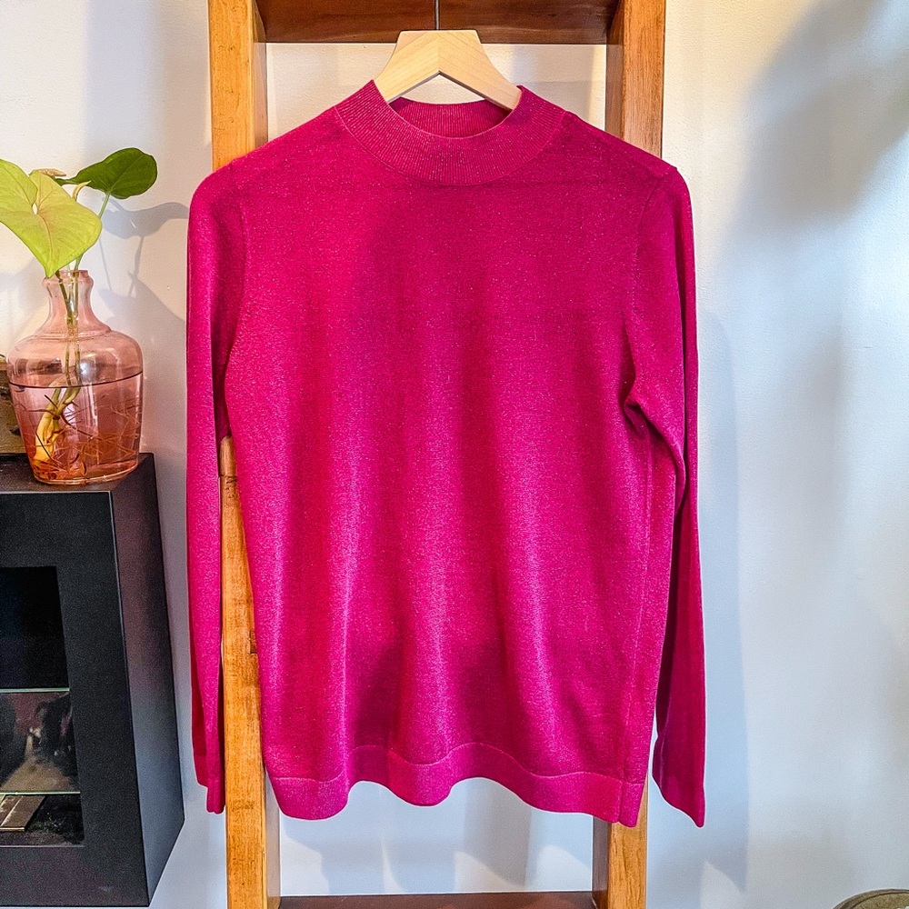& Other Stories SZ S Hot Pink Sparkly Mock Neck Holiday Sweater!